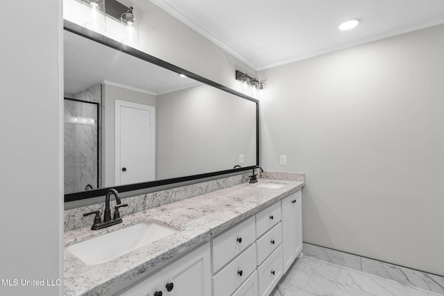 112 Louis Wilson Dr, Brandon, MS 39042 - bathroom featuring double vanity, marble finish flooring, a marble finish shower, and ornamental molding