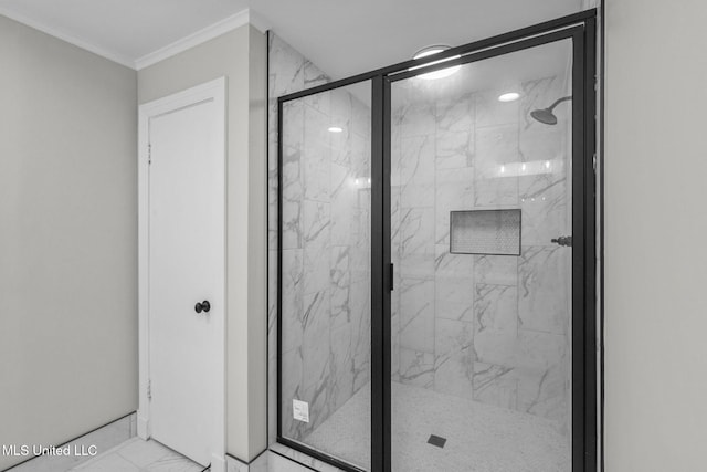 112 Louis Wilson Dr, Brandon, MS 39042 - full bath featuring marble finish flooring, a marble finish shower, and ornamental molding