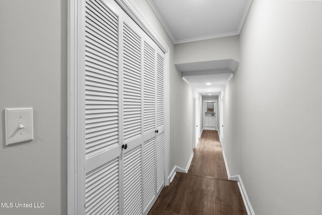 112 Louis Wilson Dr, Brandon, MS 39042 - hallway featuring dark wood-type flooring and ornamental molding