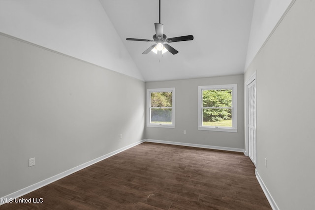 112 Louis Wilson Dr, Brandon, MS 39042 - spare room with dark wood finished floors, a ceiling fan, and high vaulted ceiling