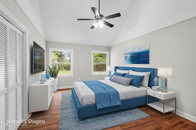 112 Louis Wilson Dr, Brandon, MS 39042 - bedroom with wood finished floors, high vaulted ceiling, a ceiling fan, and a closet