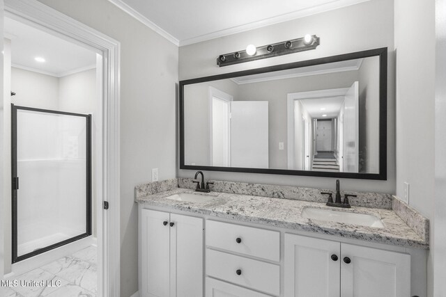 112 Louis Wilson Dr, Brandon, MS 39042 - full bath with marble look tiles, double vanity, a stall shower, and ornamental molding