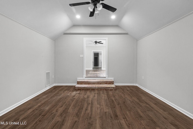112 Louis Wilson Dr, Brandon, MS 39042 - bonus room with a ceiling fan, dark wood finished floors, and vaulted ceiling
