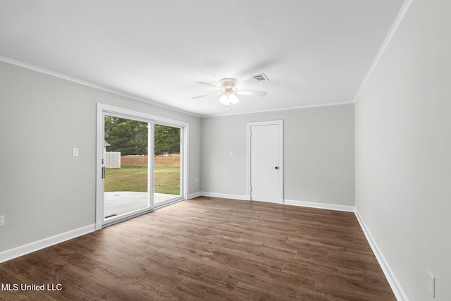 112 Louis Wilson Dr, Brandon, MS 39042 - spare room featuring a ceiling fan, ornamental molding, and dark wood-style flooring