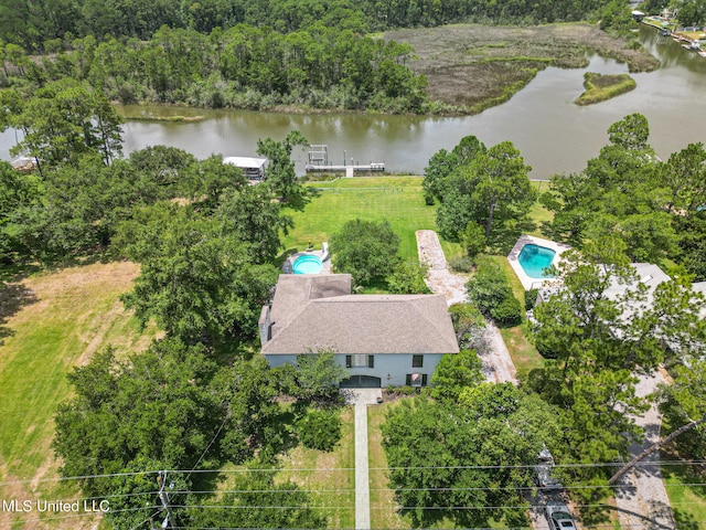 aerial view featuring a water view