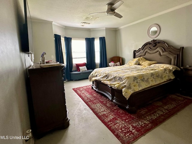 bedroom with ornamental molding, a textured ceiling, and ceiling fan