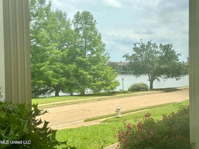 view of community featuring a water view and a yard