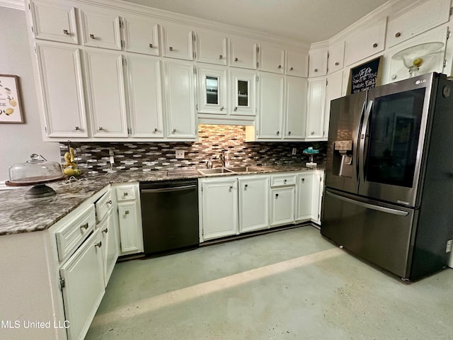 kitchen featuring black dishwasher, sink, white cabinets, crown molding, and stainless steel fridge with ice dispenser