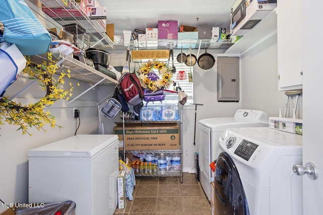 washroom with laundry area, washer and clothes dryer, tile patterned floors, and electric panel