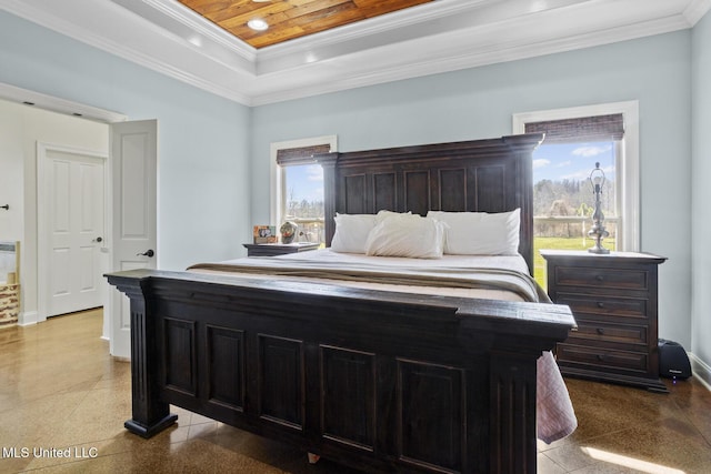 bedroom with ornamental molding, wooden ceiling, granite finish floor, and baseboards