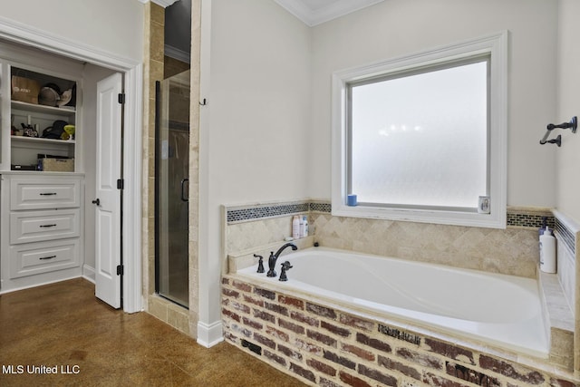 bathroom featuring a stall shower, a walk in closet, a bath, and crown molding