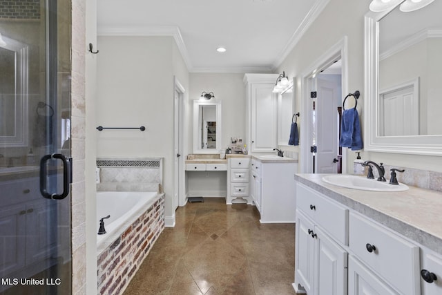 bathroom featuring ornamental molding, two vanities, a sink, and a shower stall