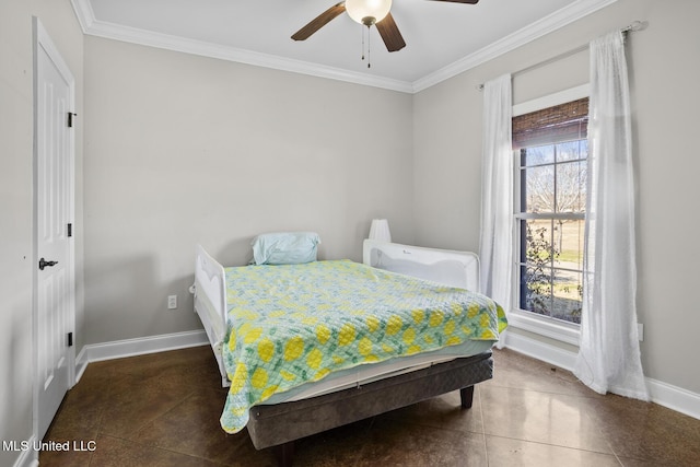 bedroom with ornamental molding, baseboards, and a ceiling fan