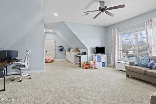 office area featuring carpet floors, lofted ceiling, recessed lighting, visible vents, and baseboards