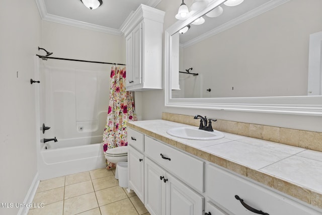 bathroom with shower / tub combo with curtain, crown molding, toilet, vanity, and tile patterned floors