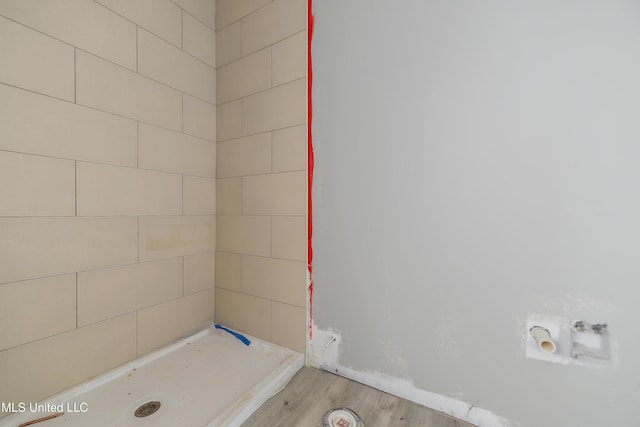 bathroom with hardwood / wood-style flooring