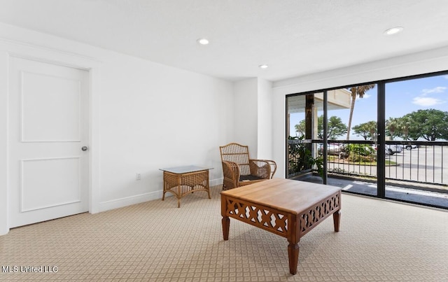 sitting room with light colored carpet