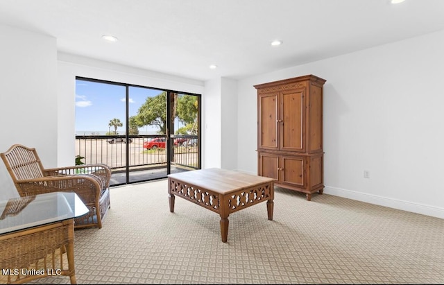 living area featuring light carpet