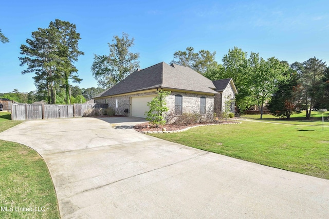 view of property exterior featuring a garage and a lawn