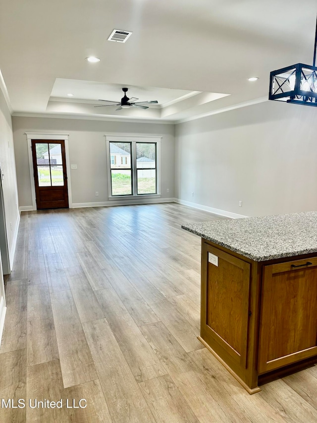 interior space featuring light hardwood / wood-style floors, ornamental molding, ceiling fan, and a raised ceiling