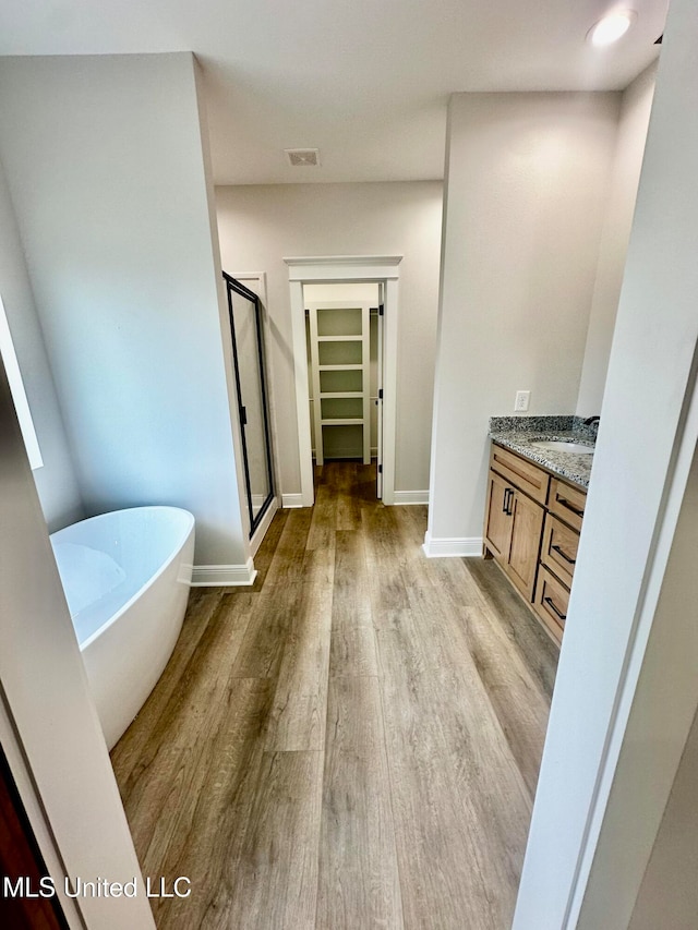 bathroom with vanity, hardwood / wood-style flooring, and plus walk in shower