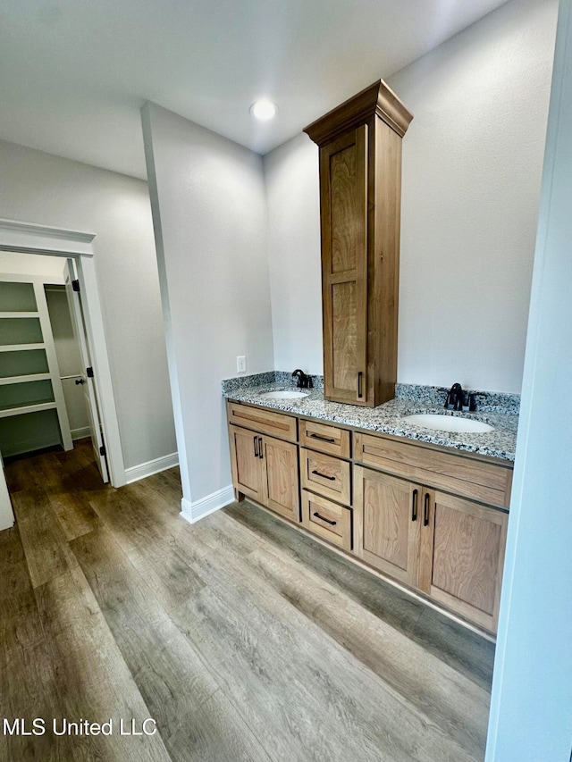 bathroom with vanity and hardwood / wood-style floors