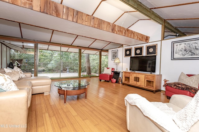 living area featuring expansive windows, wood finished floors, and vaulted ceiling