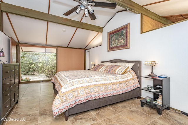 bedroom with vaulted ceiling with beams