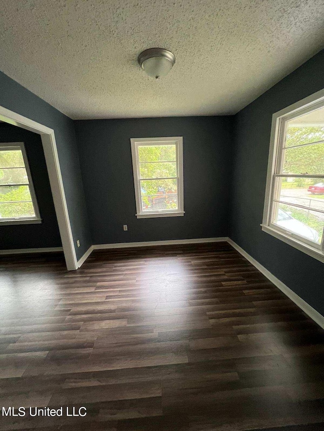 spare room featuring a textured ceiling, a wealth of natural light, and dark hardwood / wood-style flooring