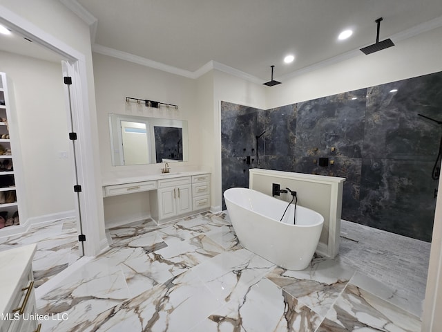full bath with recessed lighting, walk in shower, a freestanding tub, and vanity