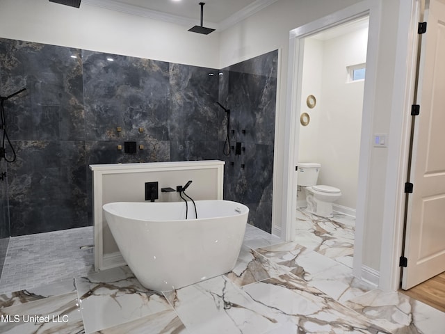 full bath with marble finish floor, a walk in shower, ornamental molding, and a freestanding bath