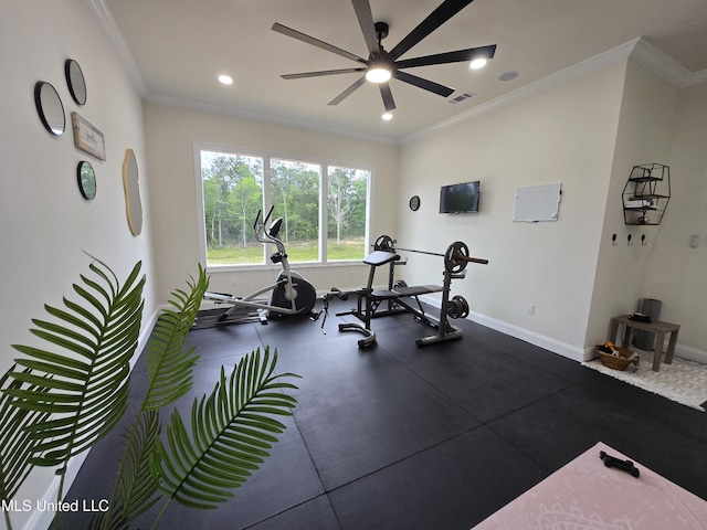 workout room featuring ornamental molding, baseboards, a ceiling fan, and recessed lighting
