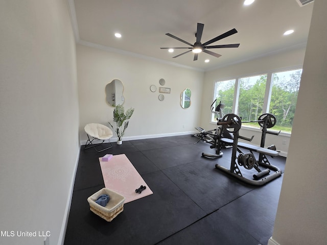 workout room with recessed lighting, visible vents, a ceiling fan, ornamental molding, and baseboards