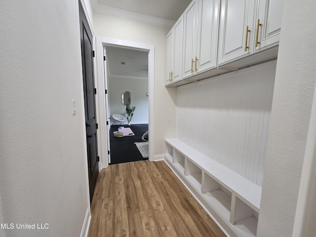 mudroom featuring crown molding and light wood finished floors