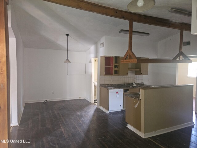 kitchen with backsplash, dark wood-type flooring, dark countertops, baseboards, and open shelves