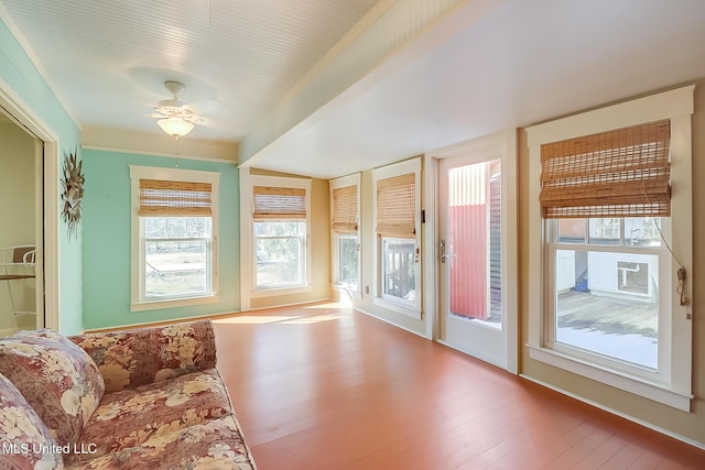 entryway with ceiling fan and light wood-type flooring