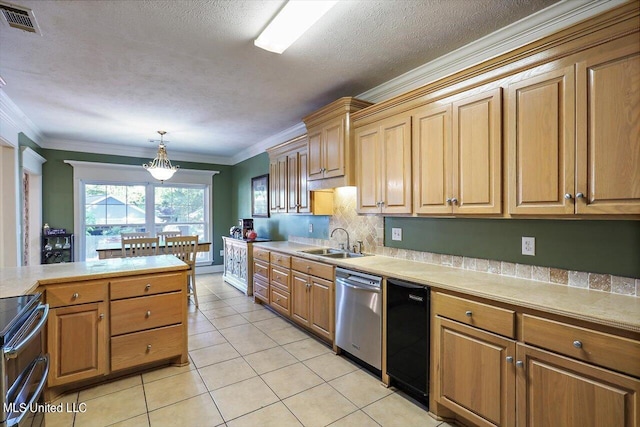 kitchen featuring range with electric cooktop, sink, decorative light fixtures, stainless steel dishwasher, and ornamental molding