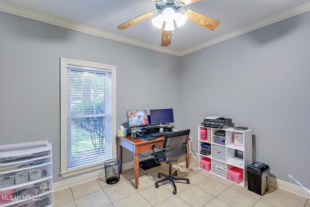 home office with ornamental molding, ceiling fan, light tile patterned floors, and a wealth of natural light