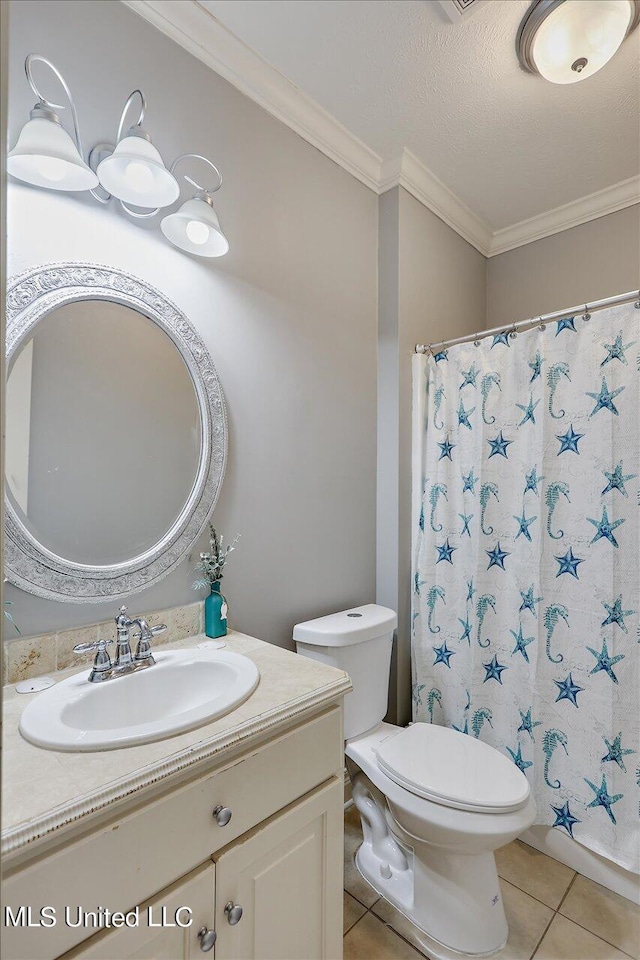 bathroom with toilet, tile patterned floors, a shower with curtain, vanity, and ornamental molding