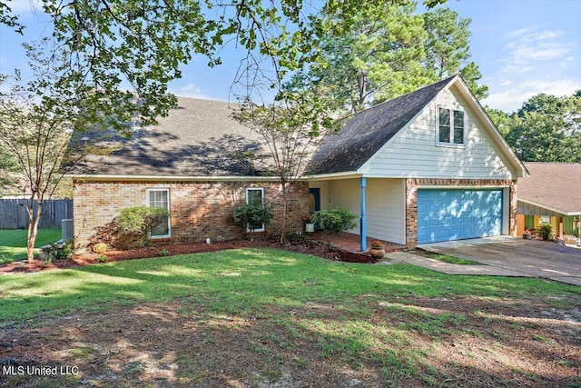 cape cod-style house featuring cooling unit, a garage, and a front lawn