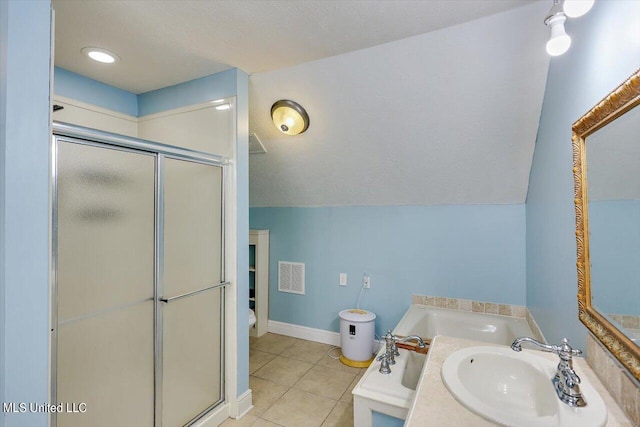 full bathroom with separate shower and tub, vaulted ceiling, toilet, sink, and tile patterned floors