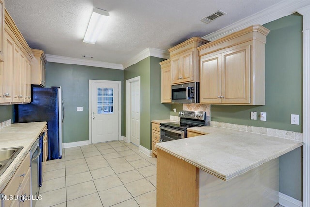 kitchen featuring a textured ceiling, kitchen peninsula, stainless steel appliances, crown molding, and light brown cabinets