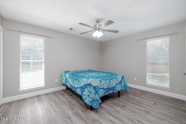 6967 Green Way Cv, Olive Branch, MS 38654 - bedroom with wood finished floors, multiple windows, ceiling fan, and a textured ceiling
