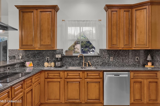 kitchen with backsplash, stainless steel dishwasher, wall chimney range hood, sink, and black stovetop