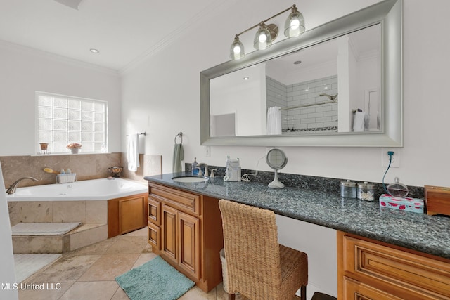 bathroom featuring tile patterned floors, vanity, ornamental molding, and independent shower and bath