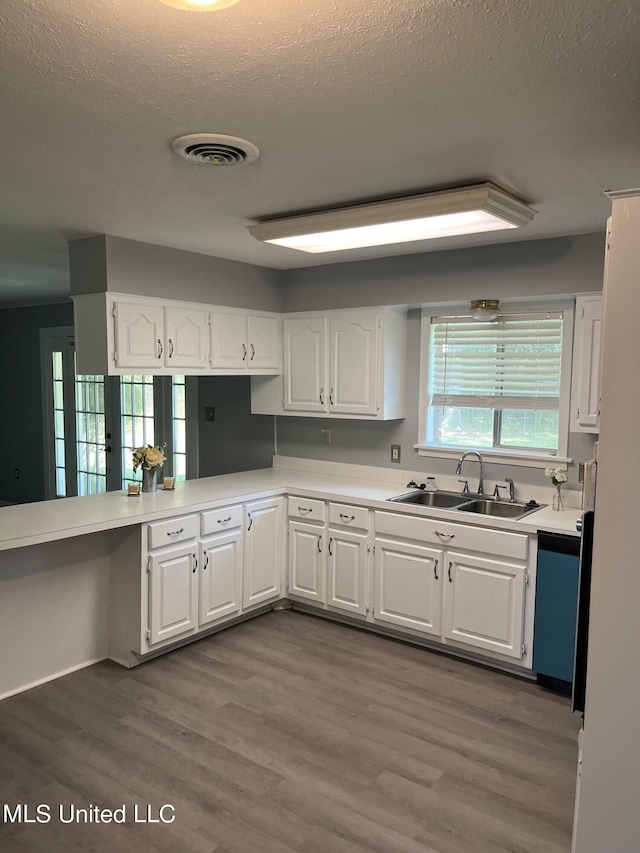 kitchen with dishwashing machine, hardwood / wood-style floors, sink, white cabinetry, and a textured ceiling