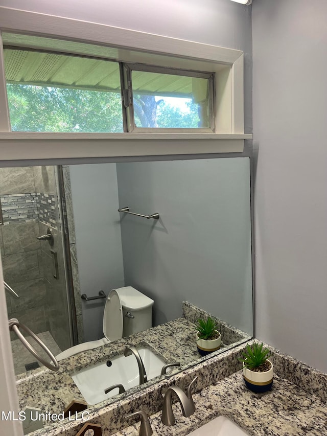 bathroom with vanity, toilet, and an enclosed shower