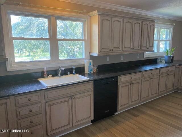 kitchen featuring sink, light hardwood / wood-style flooring, ornamental molding, and dishwasher