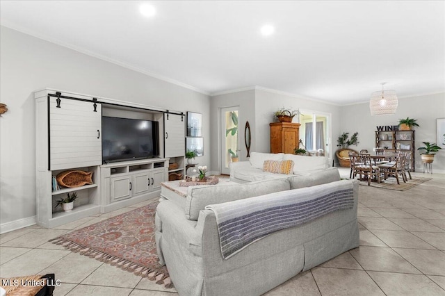 living room featuring crown molding and light tile patterned floors