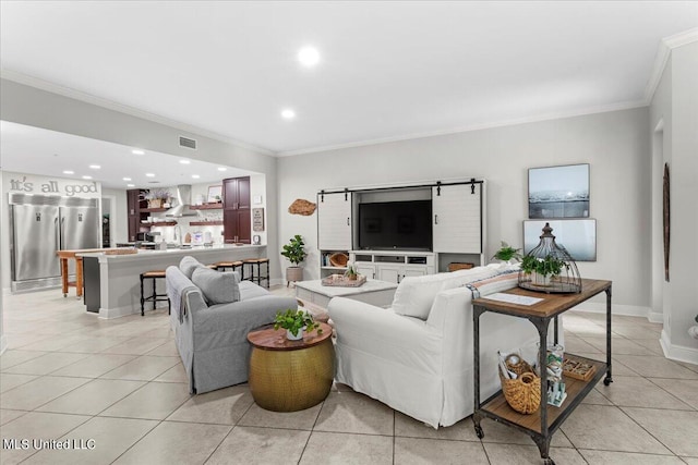 tiled living room featuring ornamental molding